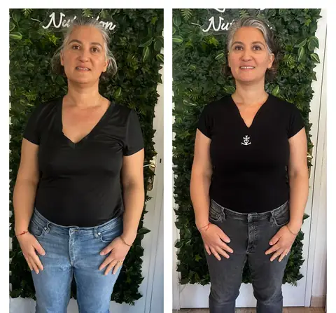 Une membre du club Les Fées Nutrition photographiée de face, avant puis après