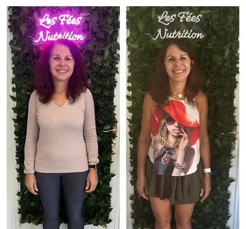 Une membre du club, cliché de face, avant puis après son parcours