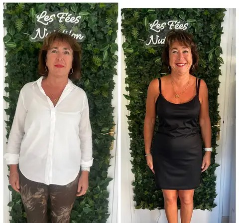 Une membre du club Les Fées Nutrition photographiée de face, avant puis après
