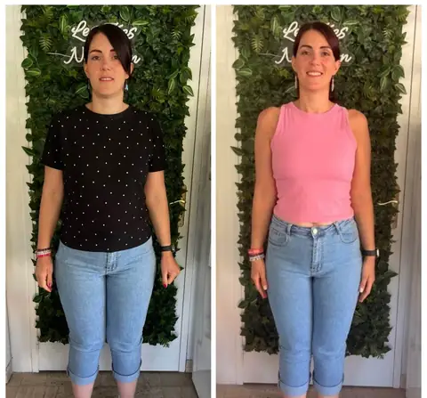 Une membre du club Les Fées Nutrition photographiée de face, avant puis après